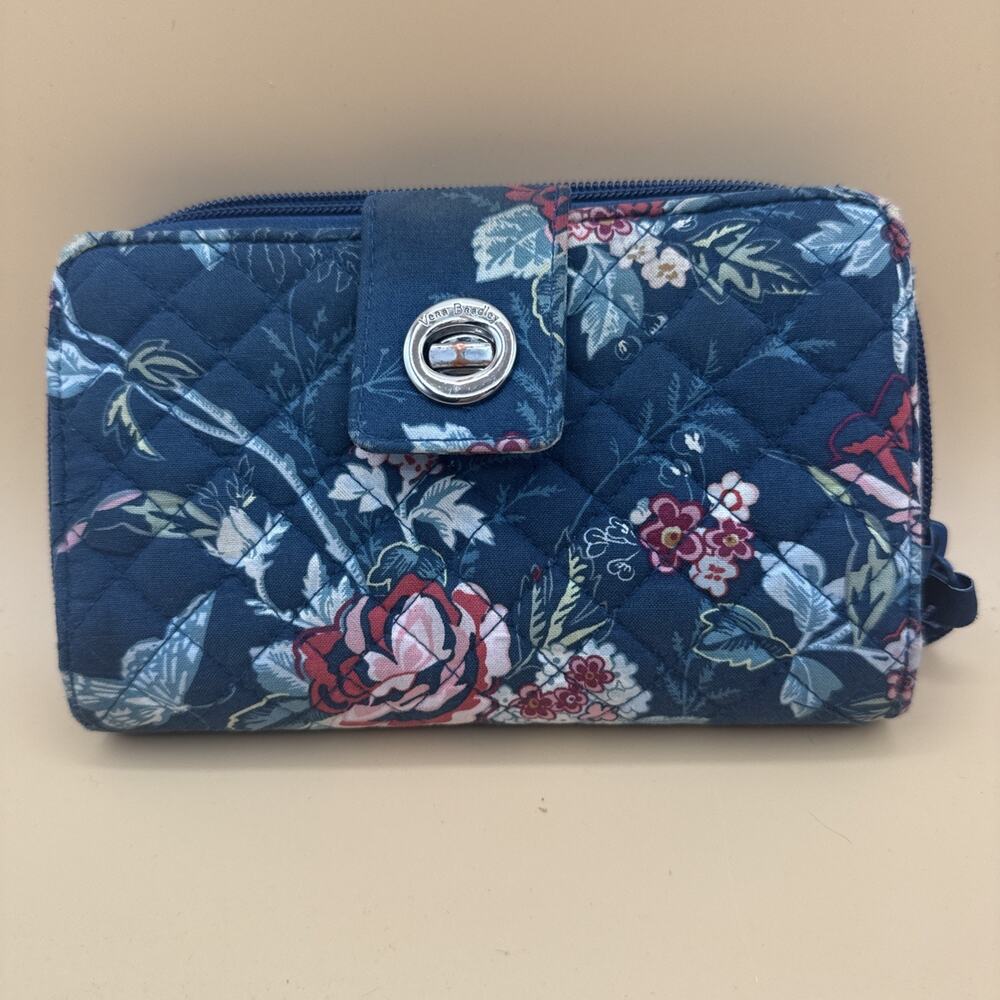 VERA BRADLEY RFID Turnlock Zip Around Wallet - Rose Toile Navy Blue Flowers
